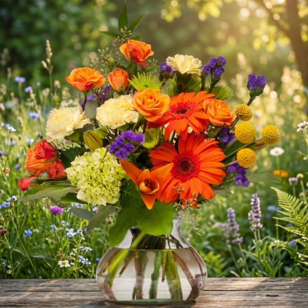 Mixed bouquet of orange, yellow, purple, and white flowers in a glass vase