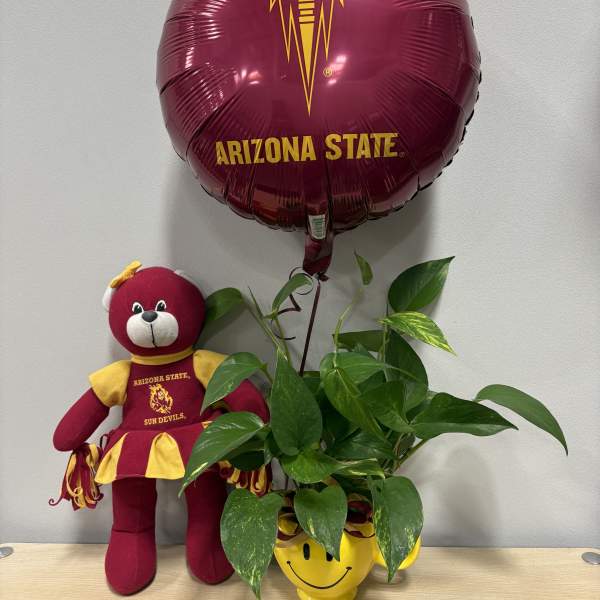 Arizona State balloon with a teddy bear and potted plant