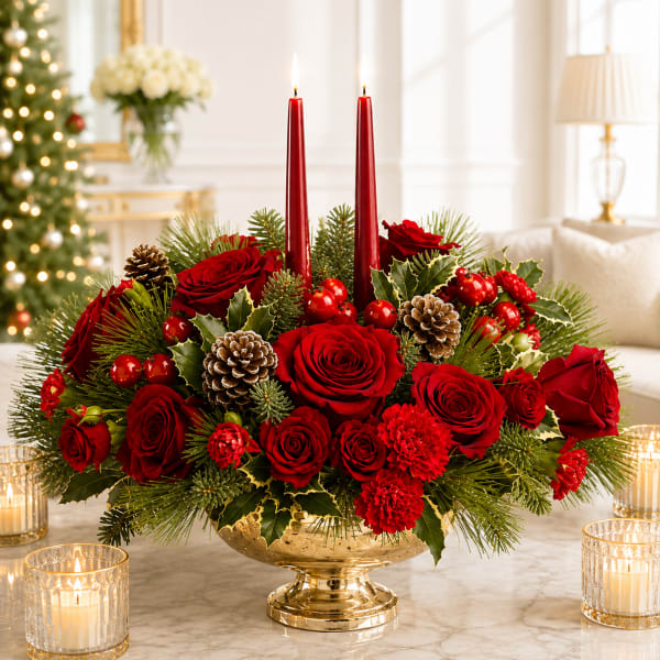 Red rose centerpiece with candles in a gold bowl