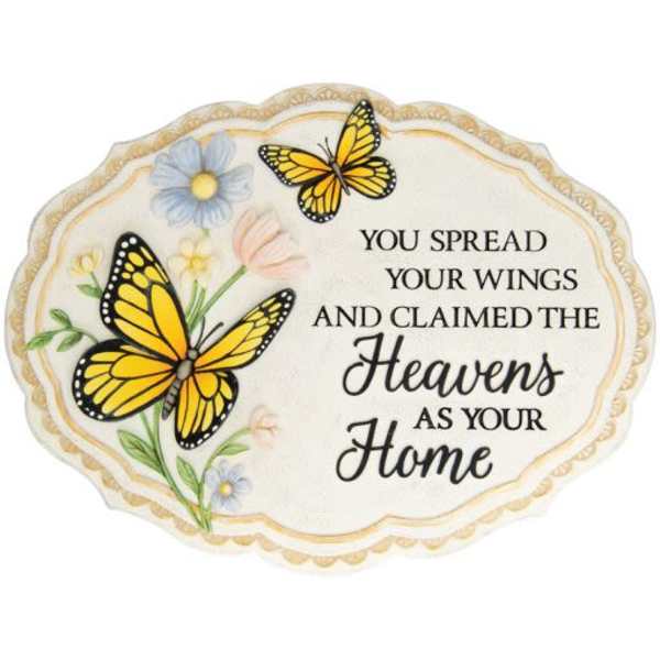 Decorative plaque with butterflies, flowers, and memorial text