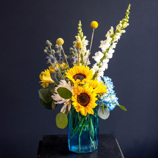 Sunflowers, white snapdragons, and blue hydrangeas in a blue glass vase