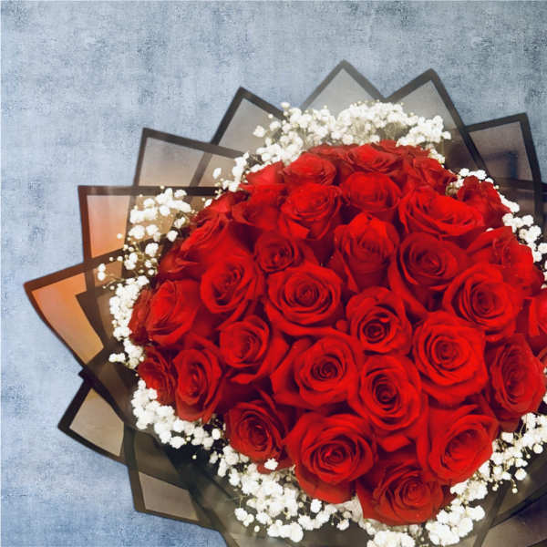 Bouquet of red roses with white baby's breath in dark wrapping