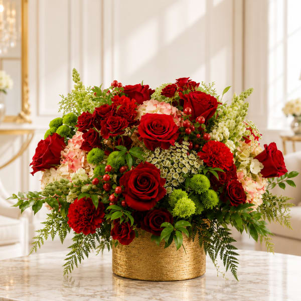 Red roses and mixed flowers arranged in a gold vase