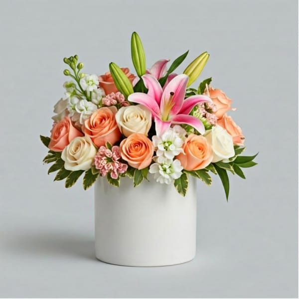 Arrangement of pink lilies and peach roses in a white cylindrical vase