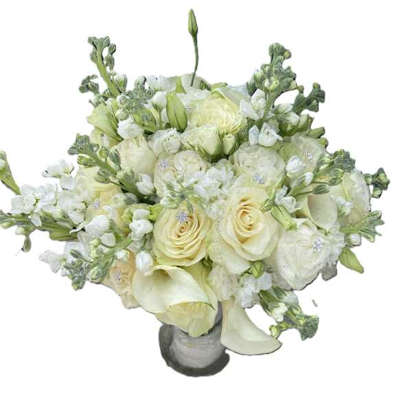 White Bridal Bouquet roses, calla lily, snap dragon