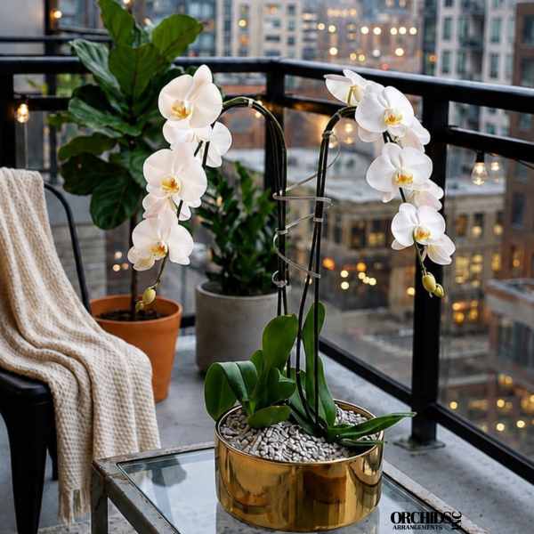 White orchids in gold pots on a balcony table