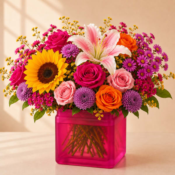 Bright mixed bouquet in a pink square vase with a sunflower and lilies