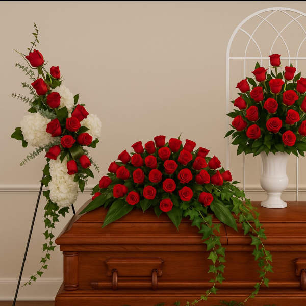 Red rose funeral sprays arranged around a casket