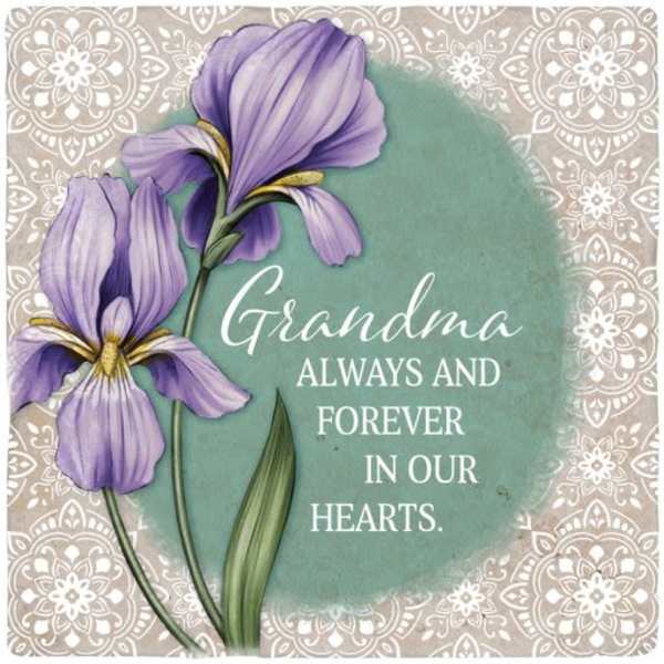 Purple iris card with the words 'Grandma always and forever in our hearts.'