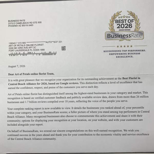 Printed award letter from BusinessRate recognizing a florist as best in 2026.
