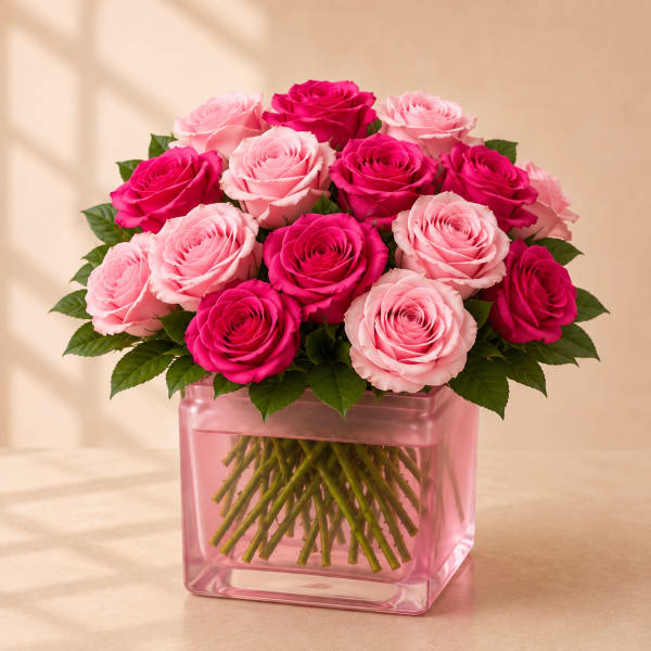 Pink and hot pink roses arranged in a square pink glass vase