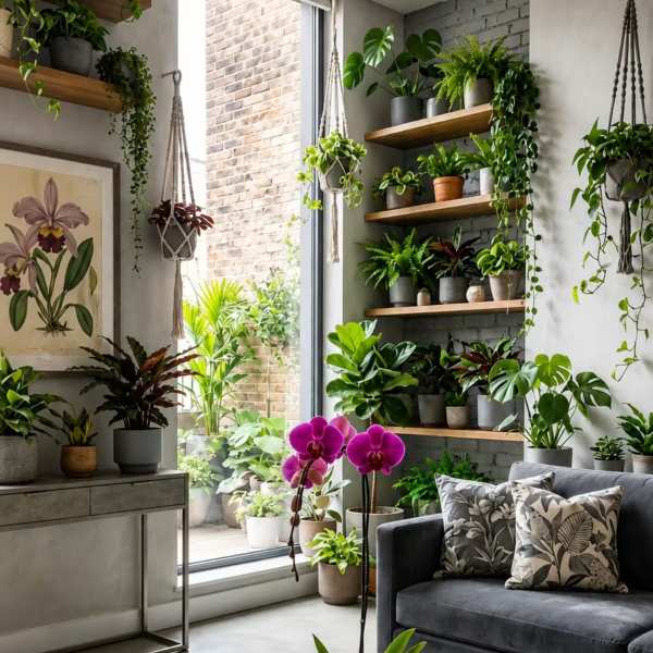 Potted purple orchids on a coffee table in a plant-filled living room