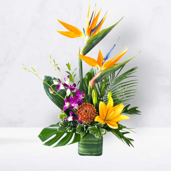 Tropical bouquet with orange bird of paradise and purple orchids in a green vase