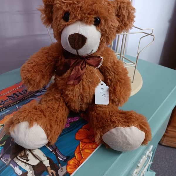 Brown teddy bear with a ribbon bow and price tag