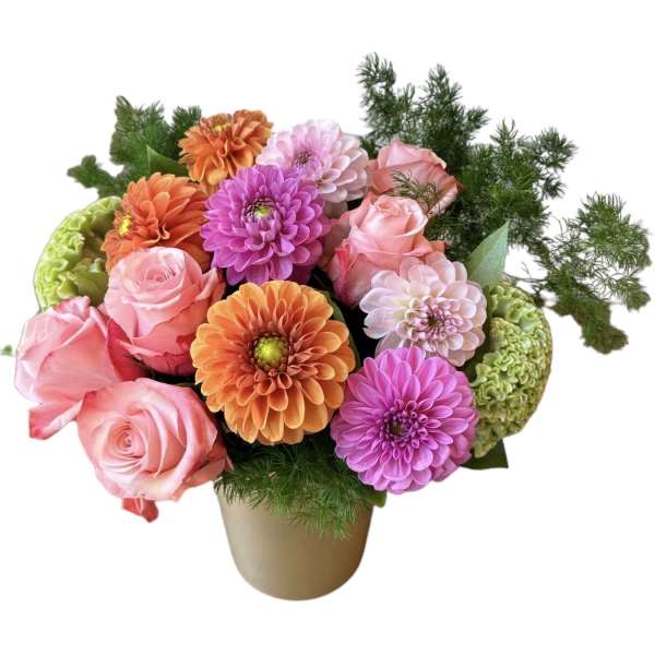 Pink roses and orange-purple dahlias in a gold vase