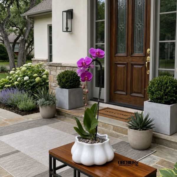 Potted purple orchid on a bench outside a front door