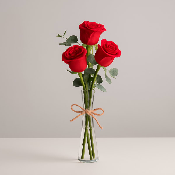 Three red roses in a clear glass vase tied with twine