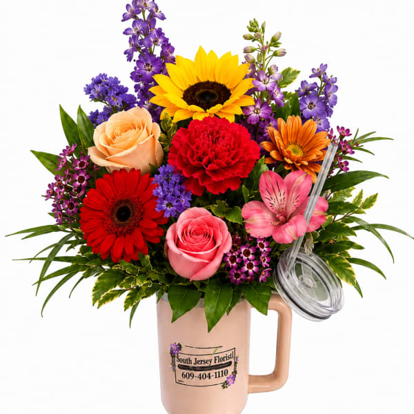 Colorful bouquet in a handled tumbler with a clear lid and straw