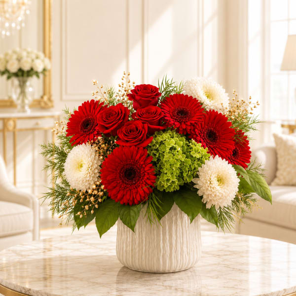 Red roses and gerbera daisies in a white vase with white blooms