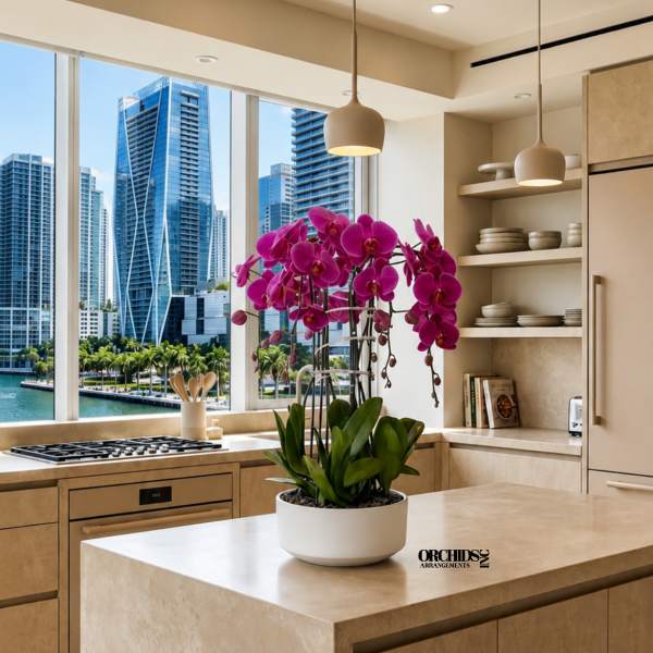 Potted magenta orchids in a white planter on a kitchen island