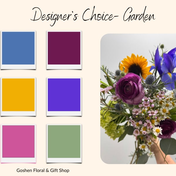 Mixed bouquet with purple, yellow, and white flowers