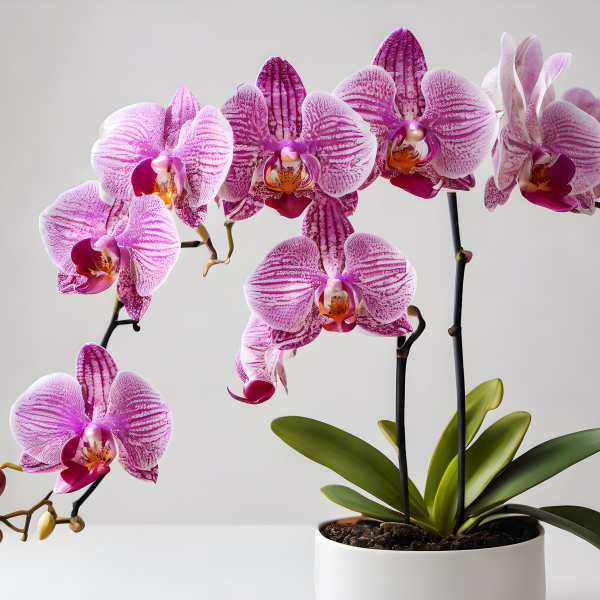 Pink orchid plant in a white pot with several blooming stems