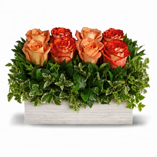 Orange and red roses in a rectangular wooden planter