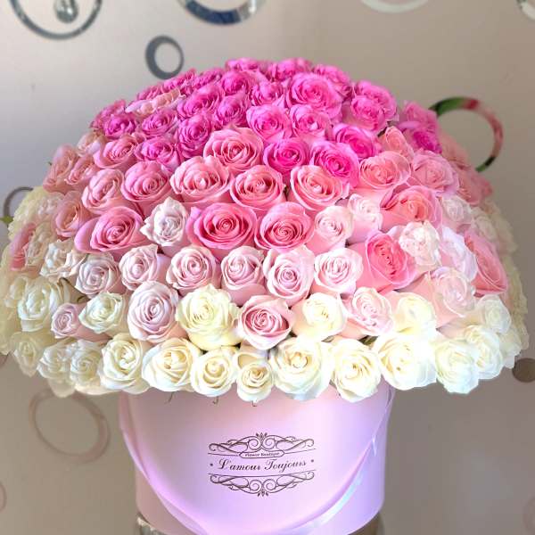 Large dome of pink and cream roses arranged in a round pastel pink hatbox.
