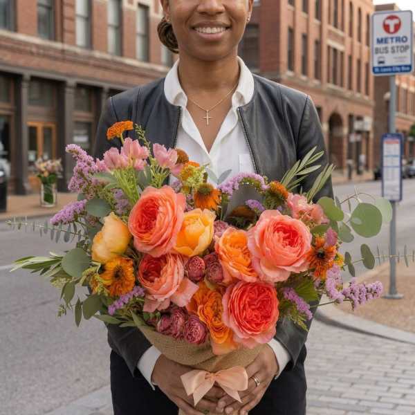 Woman holding a large bouquet of peach, pink, and purple flowers