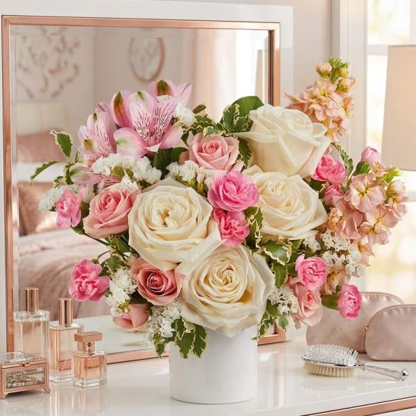 Pink and ivory rose bouquet in a white vase