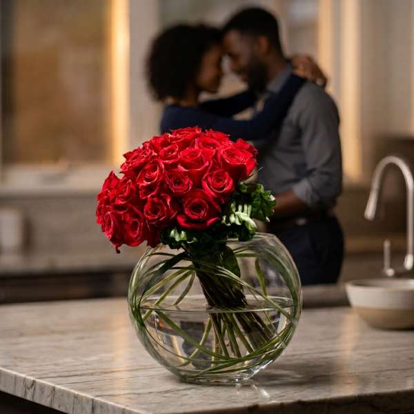 Red rose bouquet in a round glass vase on a countertop