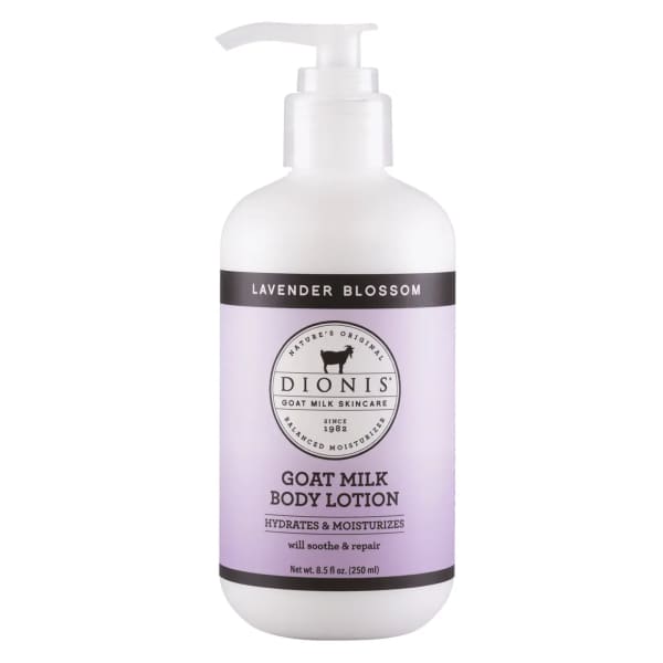 Bottle of lavender blossom goat milk body lotion with a pump dispenser