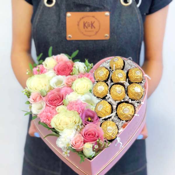 Flowers & Ferrero Heart Box Pink And White