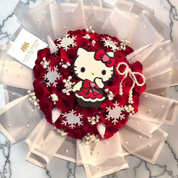 Red rose bouquet with Hello Kitty topper and pearl-accented wrap
