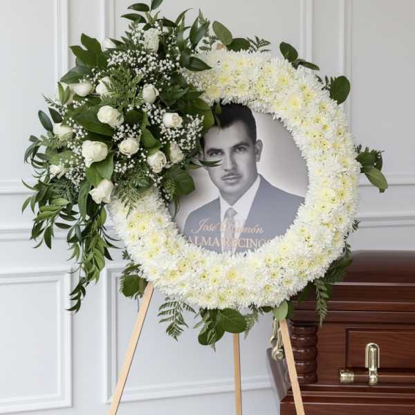 White floral funeral wreath on an easel with a portrait in the center