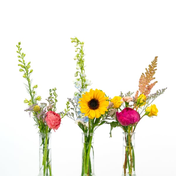 Three small flower arrangements in clear glass vases with bright mixed blooms