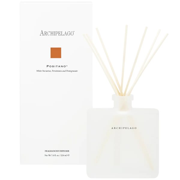 White reed diffuser bottle with boxed packaging