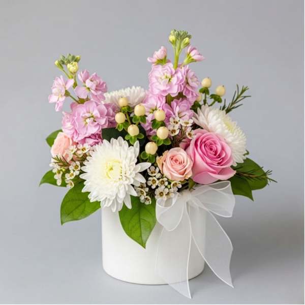 Pink and white flowers arranged in a white box with a sheer ribbon