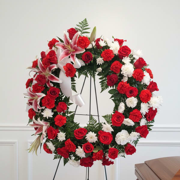 Red and White Funeral Wreath