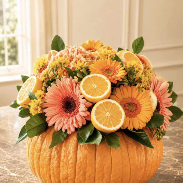 Orange gerbera daisies and citrus slices arranged in a pumpkin