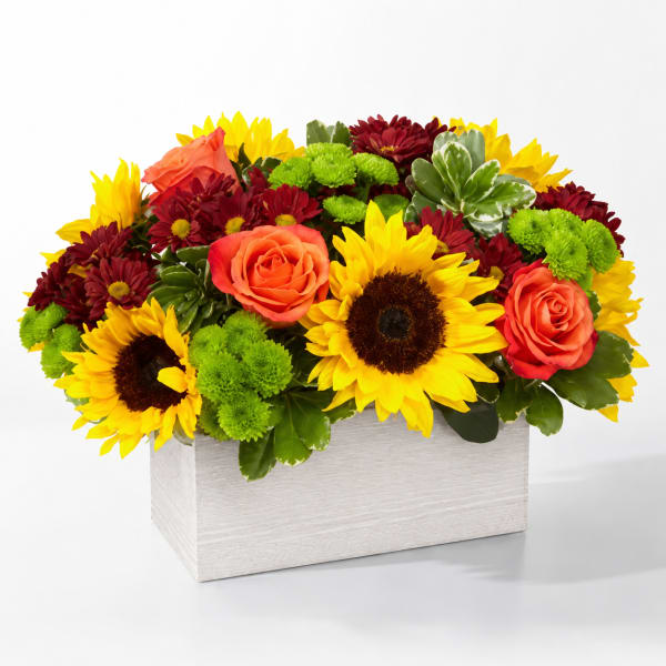 Bright mixed flower arrangement in a white rectangular box