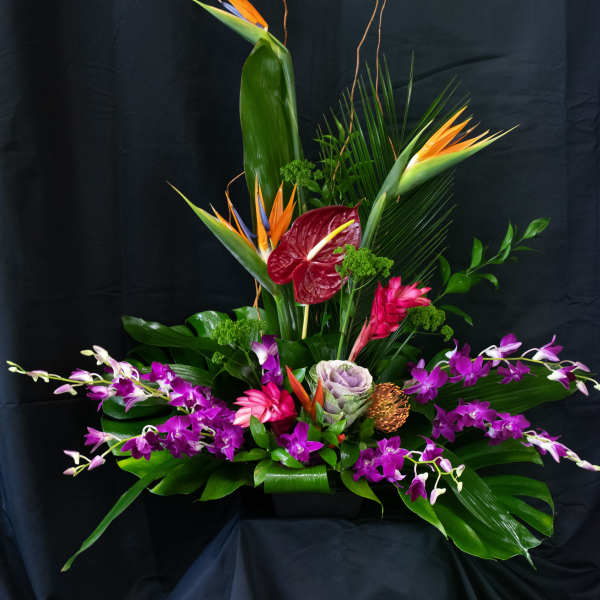 Tropical floral arrangement with orchids, anthurium, and bird of paradise