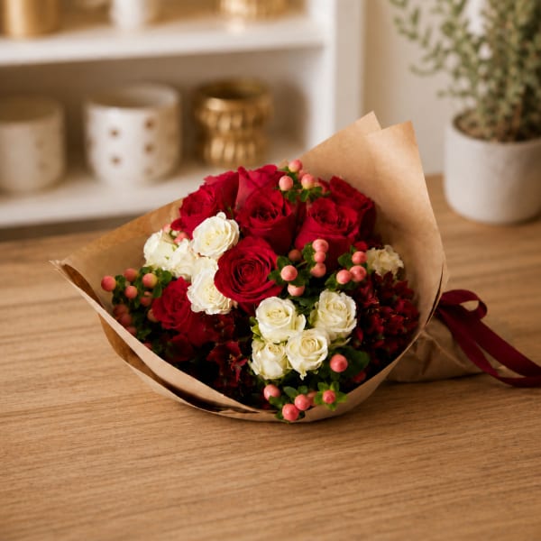 Bouquet of red and white roses wrapped in brown paper