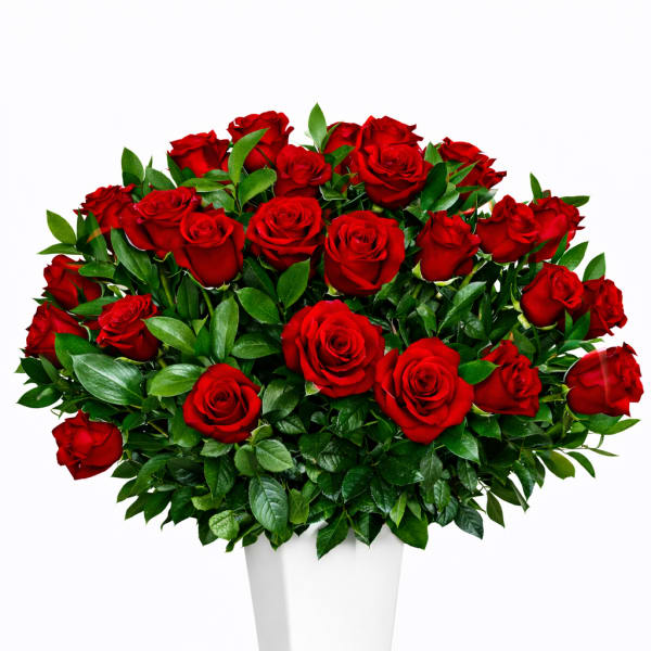 Bouquet of red roses in a tall white vase