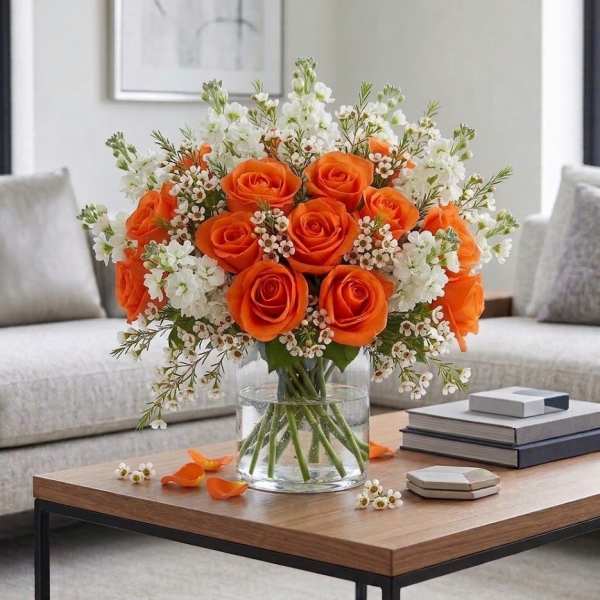 Orange roses and white filler flowers in a clear glass vase on a table