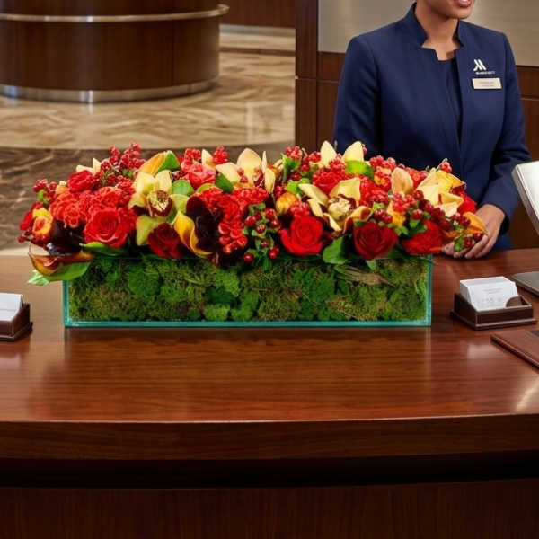 Large red and yellow floral centerpiece in a rectangular glass container