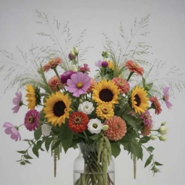 Mixed bouquet of sunflowers, daisies, and zinnias in a clear glass vase