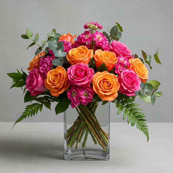 Bouquet of pink and orange roses in a clear glass vase