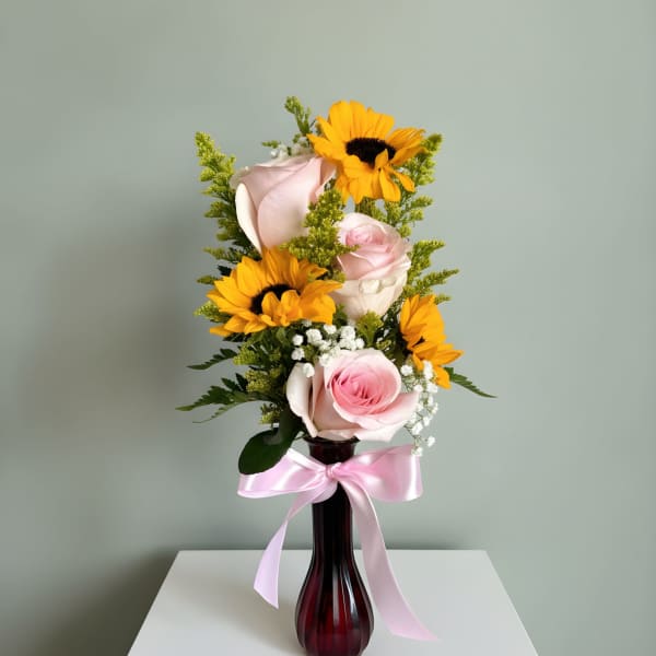 Pink Rose & Sunflower Vase Arrangement