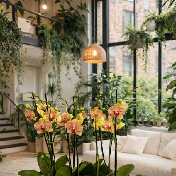 Yellow orchids arranged in a white bowl planter